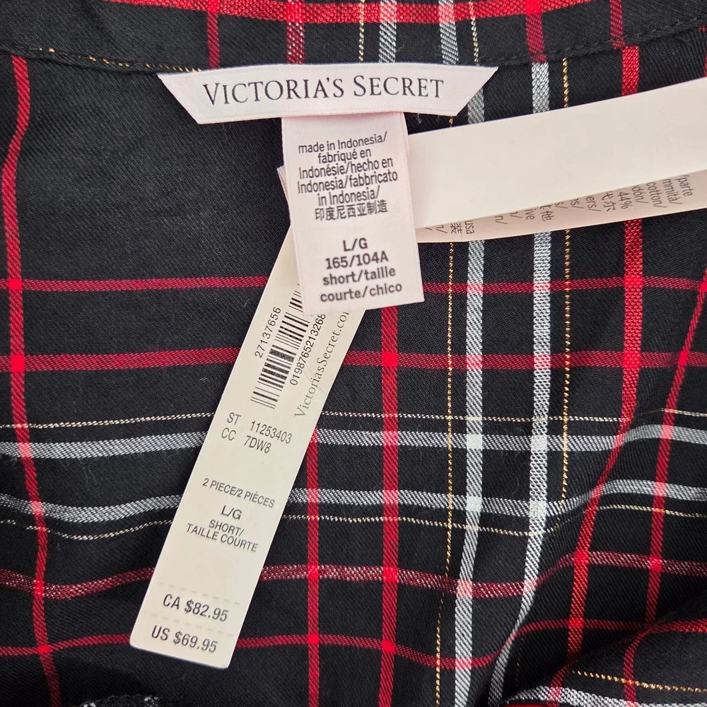 Victoria's Secret Pajama Set Red Black Plaid Flannel L Short‎ Cozy Sleepwear